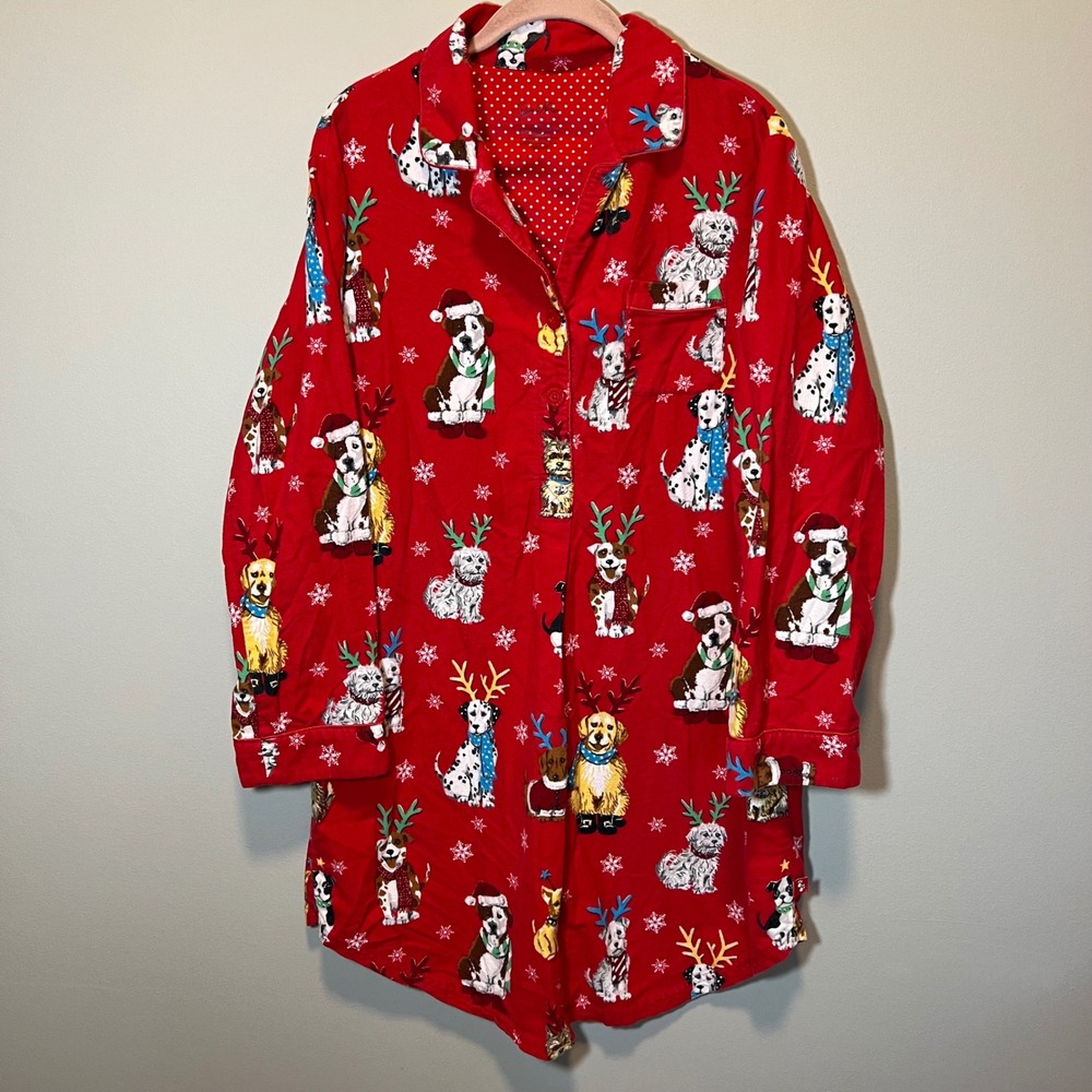 Nick & Nora Women's Red Flannel Christmas Dog Sleep Nightgown Large Pajamas